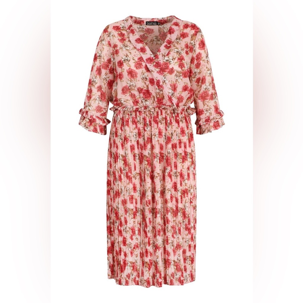 Boohoo PLUS ROSE FLORAL PLEATED MIDI DRESS size 12 NWT